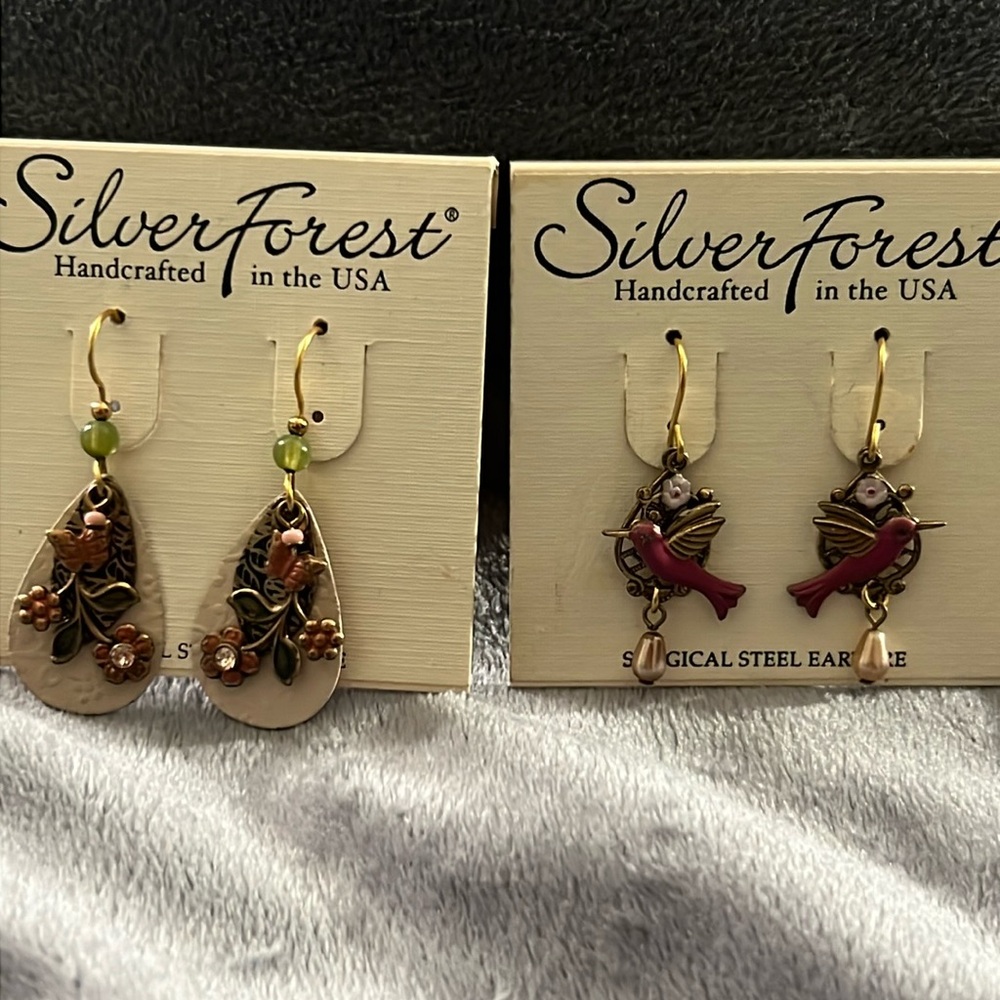 Silver Forest fall birds flowers butterfly earrings
